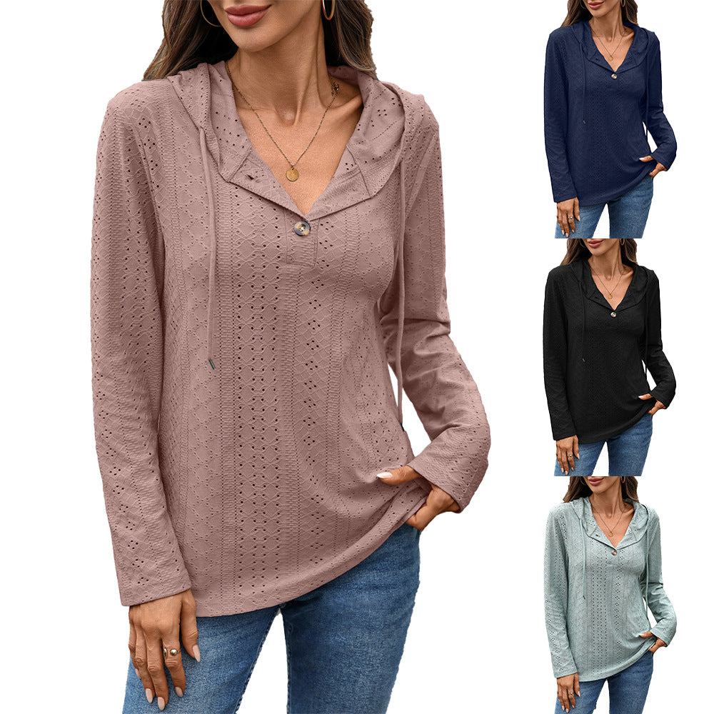 Damen Blusenshirt mit feinem Lochmuster und Kapuze Drune
