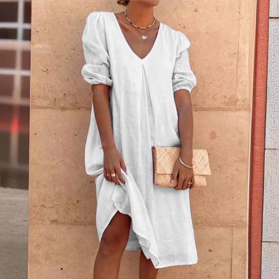 Damen lässiges Tunika-Kleid mit V-Ausschnitt und Ballonärmeln Drune