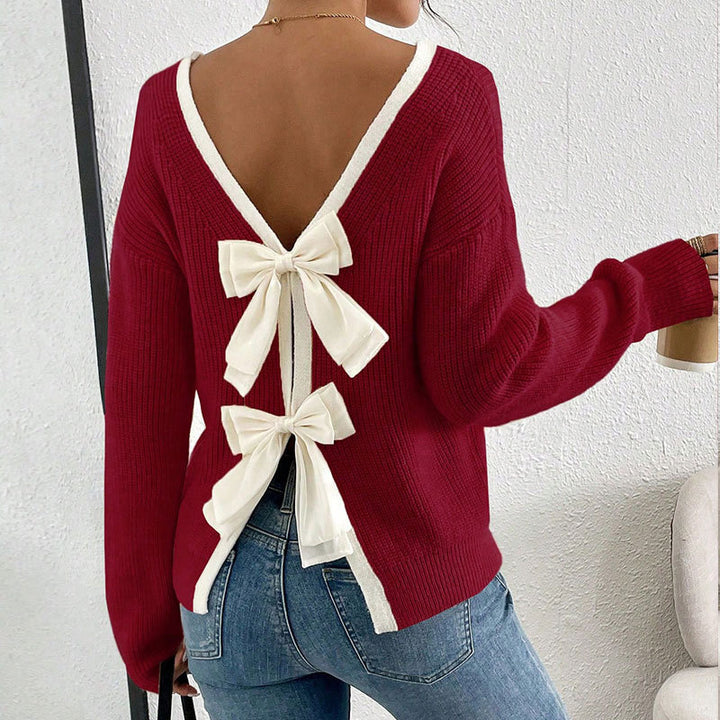 Damen Strickpullover mit V-Ausschnitt und dekorativen Schleifen Drune