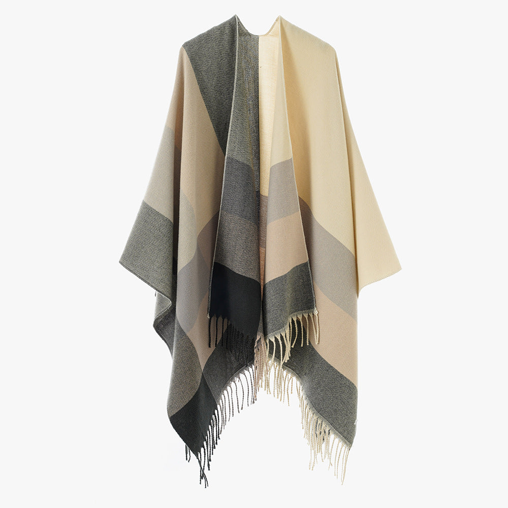 Damen Wickel-Cape aus Wollmix mit Karomuster und Fransen Drune