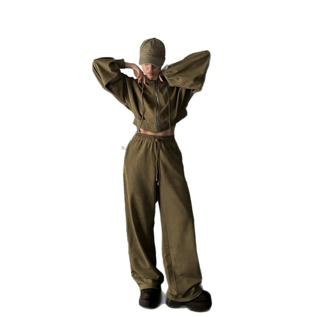 Damen kurzes Kapuzenzipper-Lounge-Set mit oversized Ärmeln und weitem Jogginghose-Schnitt Drune