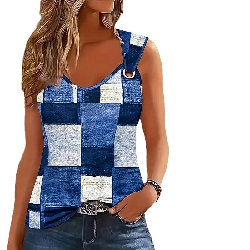 Damen nan ärmelloses Patchwork-Top mit D-Ring-Trägern und leicht asymmetrischem Saum Drune