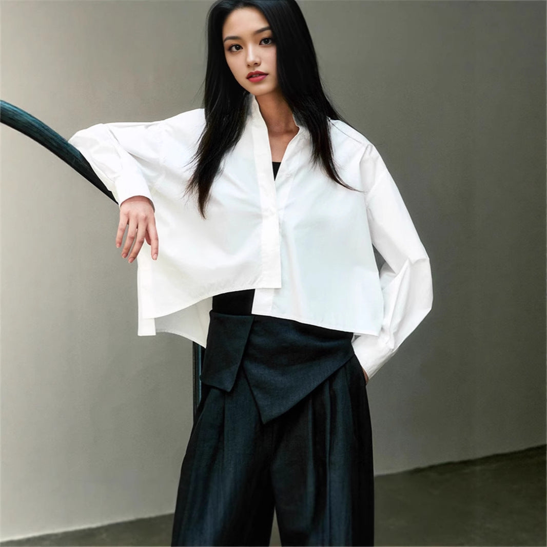 Damen Asymmetrische Cropped-Bluse aus Baumwoll-Popeline im Oversize-Schnitt Drune