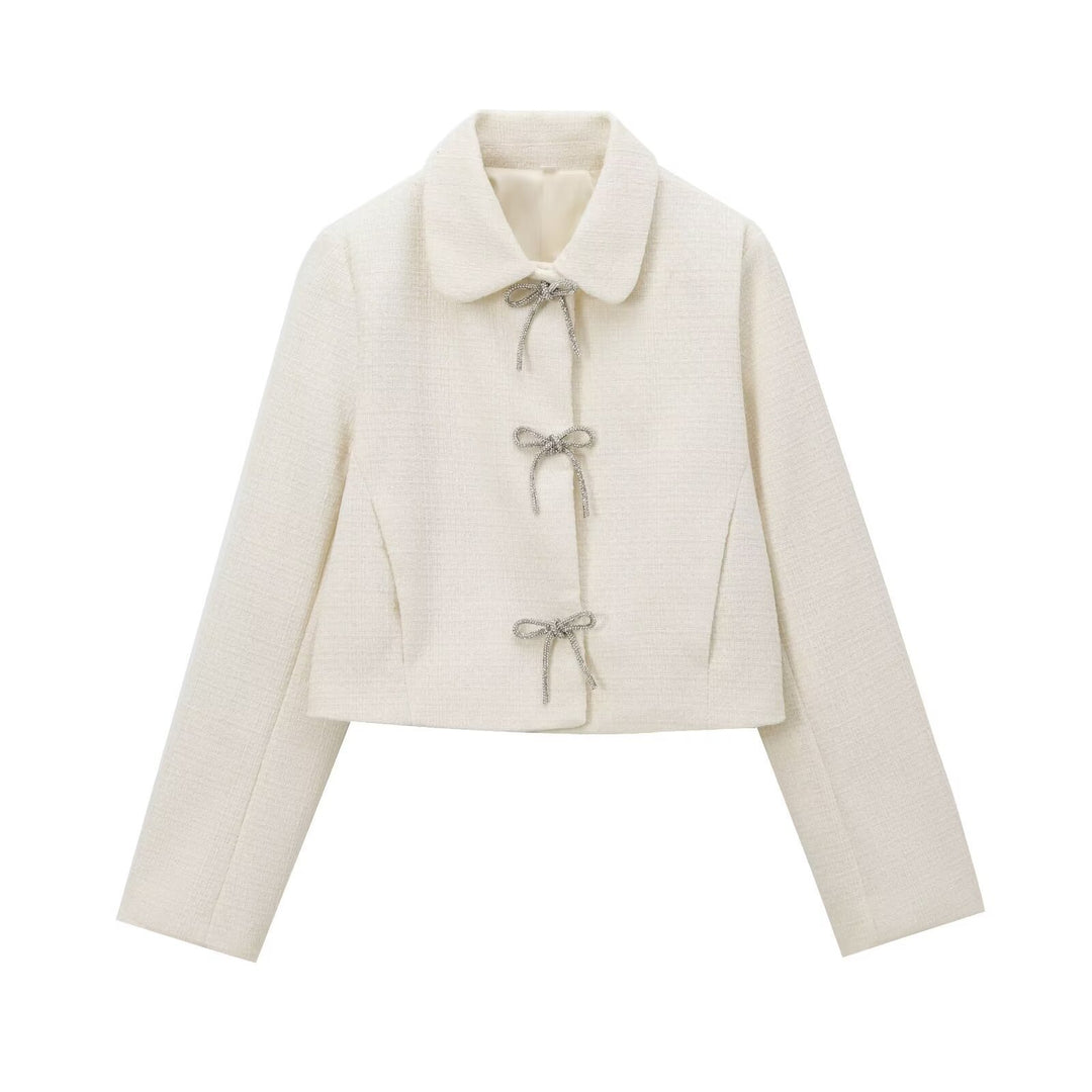 Damen Kurze Bouclé‑Tweed‑Jacke mit Peter‑Pan‑Kragen und dekorativen Schleifenverschlüssen Drune