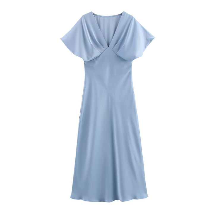 Damen Maxikleid mit elegantem V-Ausschnitt und fließendem Satin-Material Drune