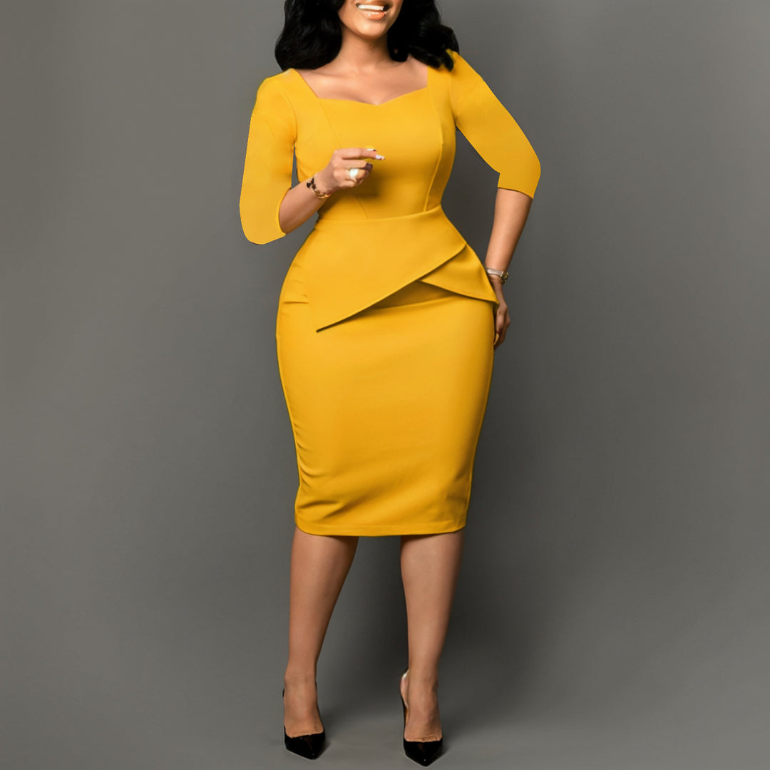 Damen elegantes Bodycon-Kleid mit asymmetrischem Saum und 3/4-Ärmeln Drune