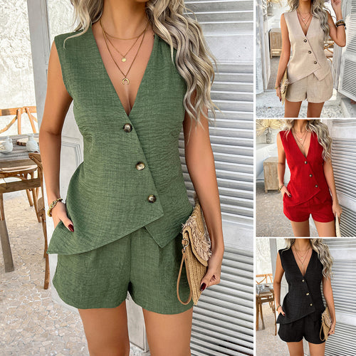 Damen elegantes Set aus ärmellosem Top und kurzen Shorts Drune
