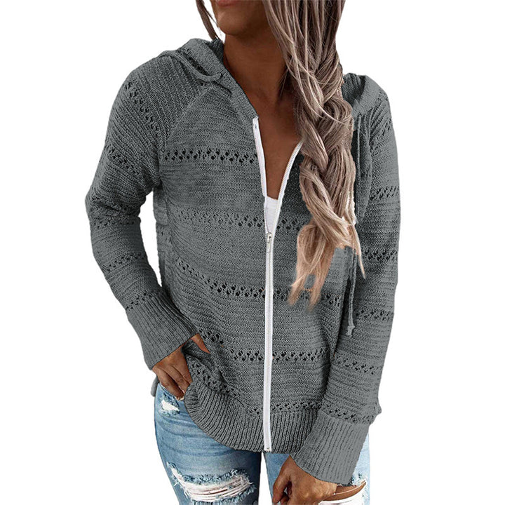 Damen lässige Strickjacke mit Kapuze und dekorativem Lochmuster Drune