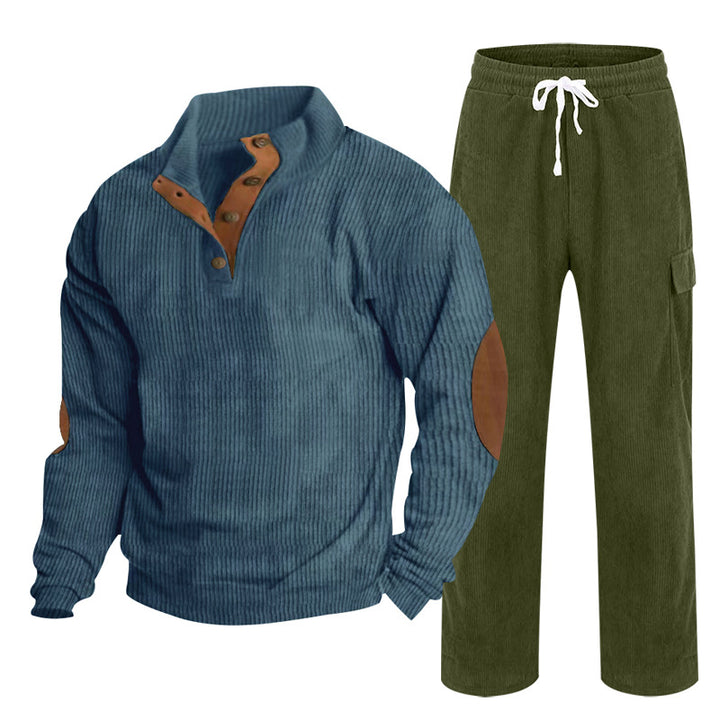 Herren Gemütliches Freizeit-Set aus Waffelstrick-Henley mit Ellenbogenpatch und Relax-Cargo-Hose Drune
