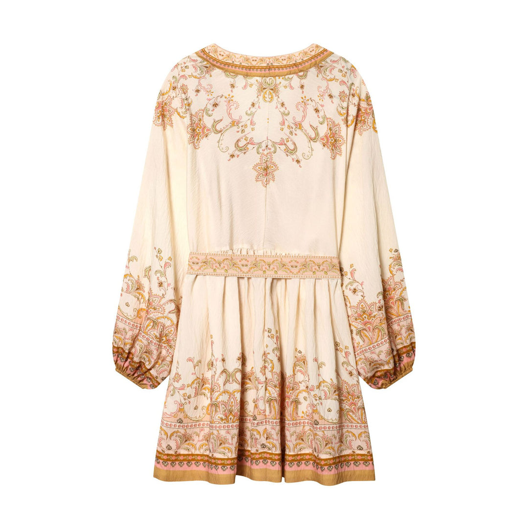 Damen nan besticktes Boho-Minikleid mit tiefem V-Ausschnitt, durchgehender Knopfleiste, taillierendem Bindegürtel und ballonärmeln Drune