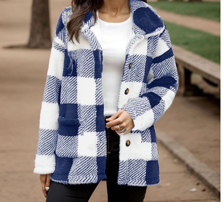 Damen Kuscheljacke mit Karomuster und Knopfverschluss Drune