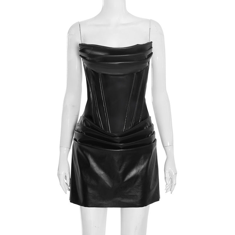 Damen Raffiniertes Minikleid aus hochwertigem Kunstleder mit drapierten Details Drune