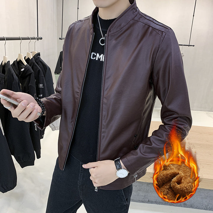 Herren Modische Kunstlederjacke mit Stehkragen und Reißverschlusstaschen Drune
