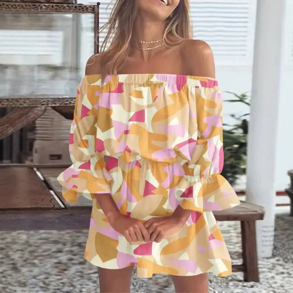 Damen Schulterfreies Minikleid mit elastischer Taillenpassform und Volantärmeln Drune