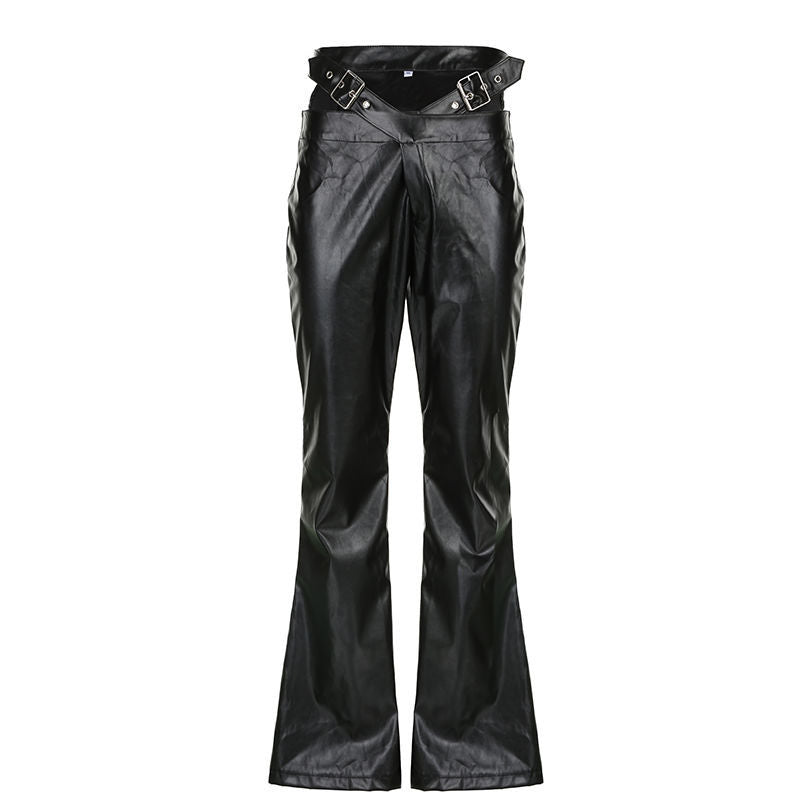 Damen Kunstleder Flared-Hose mit verstellbarem Gürtel Drune