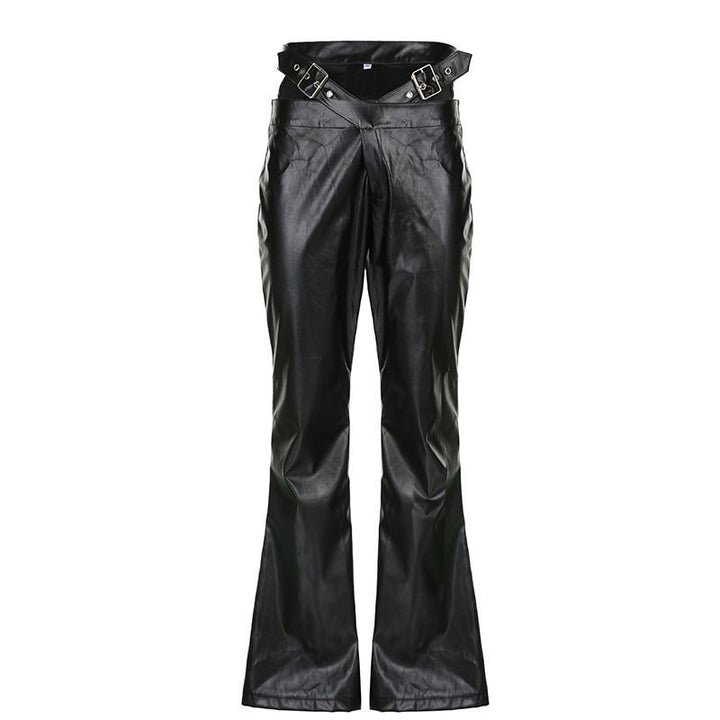 Damen Kunstleder Flared-Hose mit verstellbarem Gürtel Drune