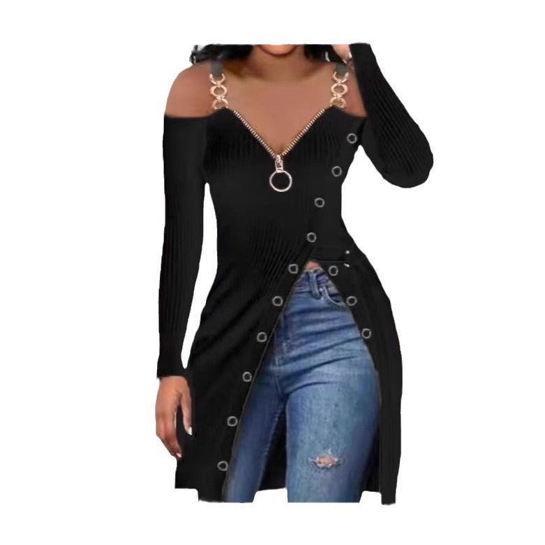 Damen Figurbetontes V-Ausschnitt Kleid mit Zipper und Schmuckdetails Drune