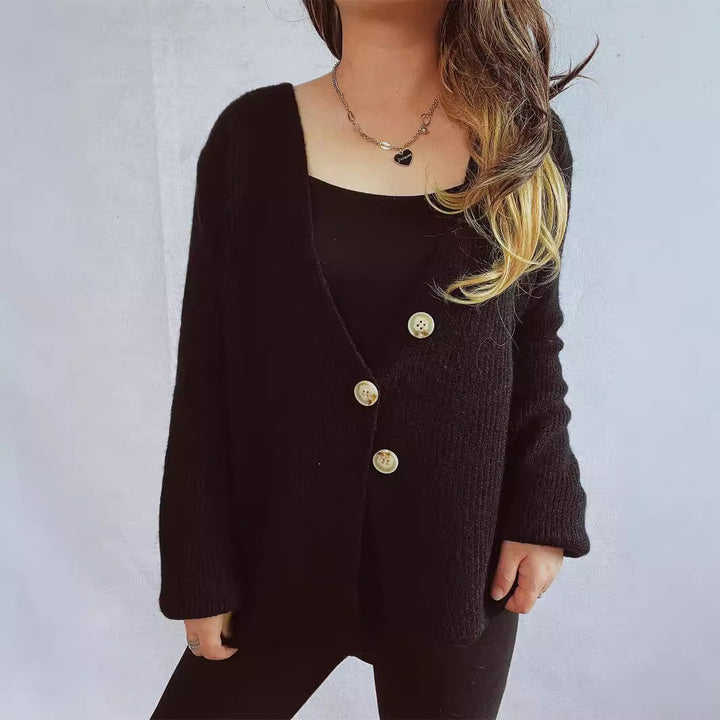Damen gemütliche Strickjacke mit großen Knöpfen und strukturiertem Design Drune