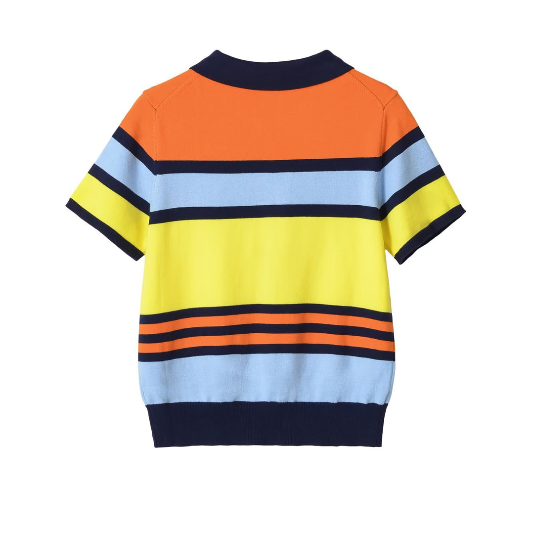 Damen Kurzärmeliges Strickpoloshirt mit Knopfleiste und Blockstreifen Drune