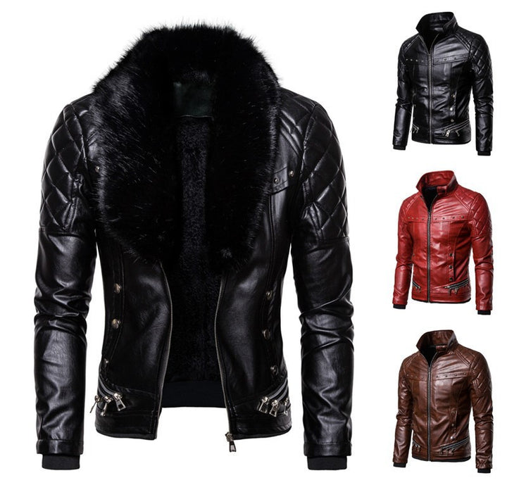 Herren stylische Kunstlederjacke mit Plüschkragen Drune