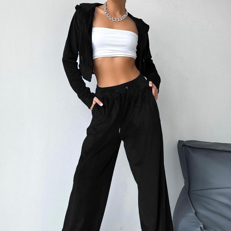 Damen Sportliches Freizeit-Set mit lässiger Kapuzenjacke und weit geschnittenen Hosen Drune