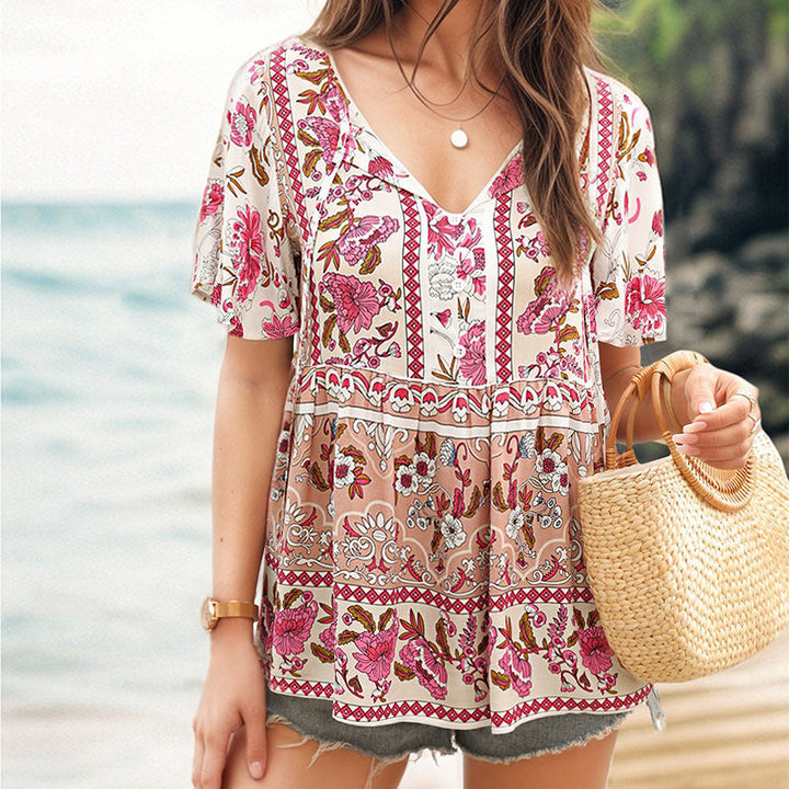 Damen Tunika mit V-Ausschnitt und floralem Patchwork-Design Drune