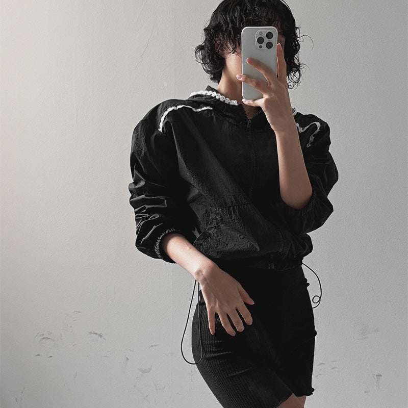 Damen modische cropped Jacke mit verstellbarem Kapuzenkragen Drune