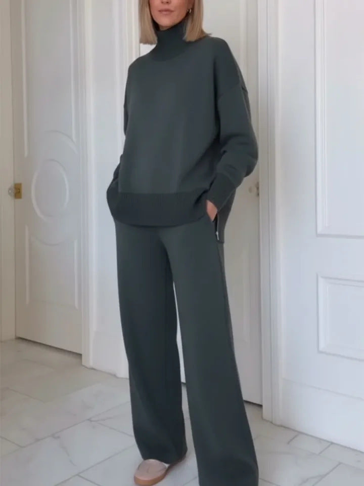 Damen Bequemes Strick-Loungewear-Set mit hochgeschlossenem Pullover und weit geschnittenen Hosen Drune
