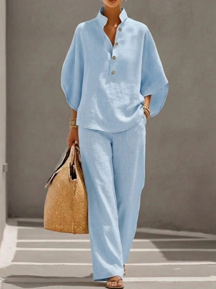 Damen Leichtes Leinen-Loungewear-Set mit Stehkragen Knopfleiste und weitem Marlene-Schnitt Drune