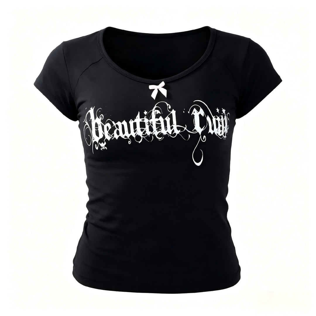 Damen Kurzarmshirt mit stilvollem Schriftzug und dekorativem Schleifenakzent Drune