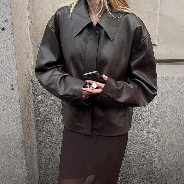 Damen modische Kunstlederjacke mit oversized Design Drune