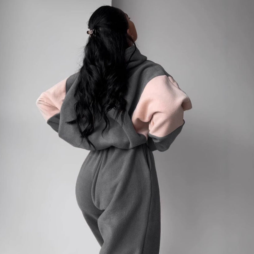 Damen kuscheliges Hoodie-Set mit kontrastärmel, elastischer High-Waist-Jogginghose und überschnittener Kapuze Drune