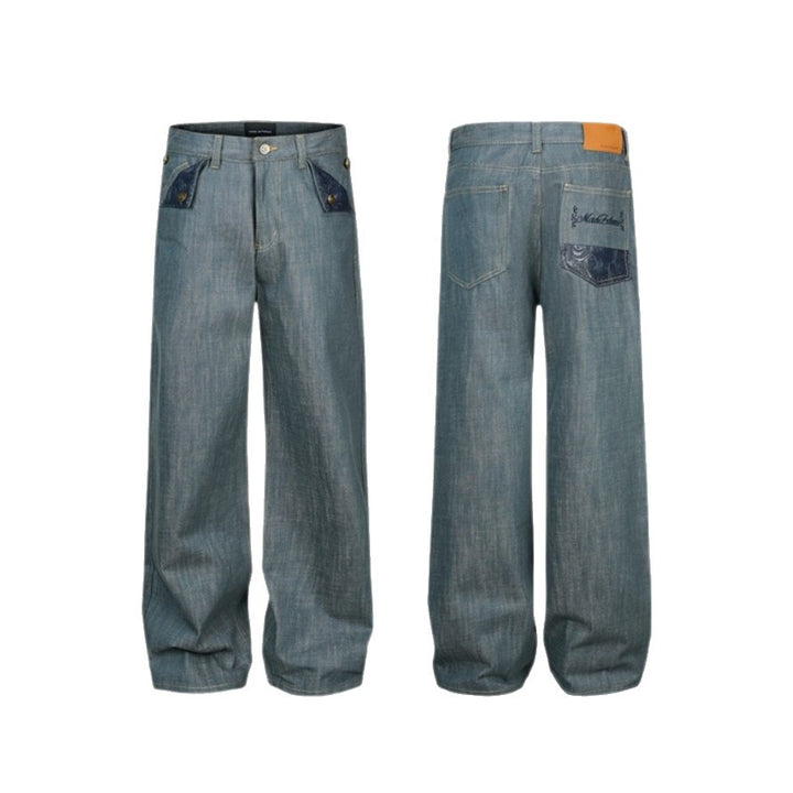 Damen Weite High‑Waist Jeanshose mit dekorativen Umschlagtaschen Drune