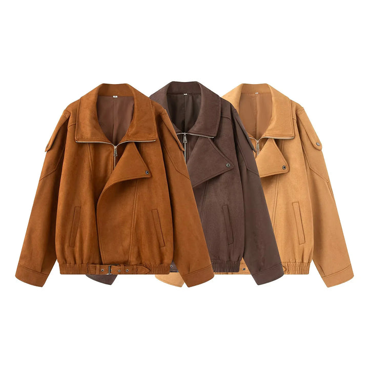 Damen nan oversized Blousonjacke im Veloursoptik mit breitem Schalkragen, Tunnelzugbund und Gürtel Drune
