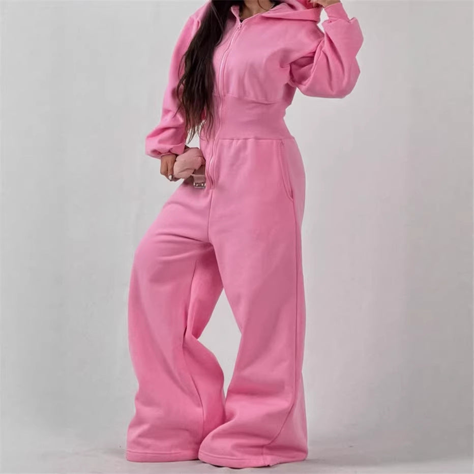Damen Jumpsuit mit Kapuze und weitem Bein Drune