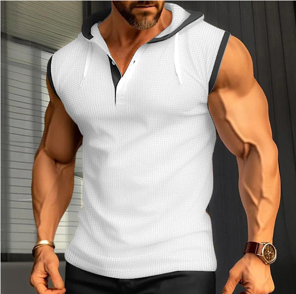 Herren nan ärmelloses Kapuzenpoloshirt mit Meshstruktur und Henley-Knopfleiste Drune