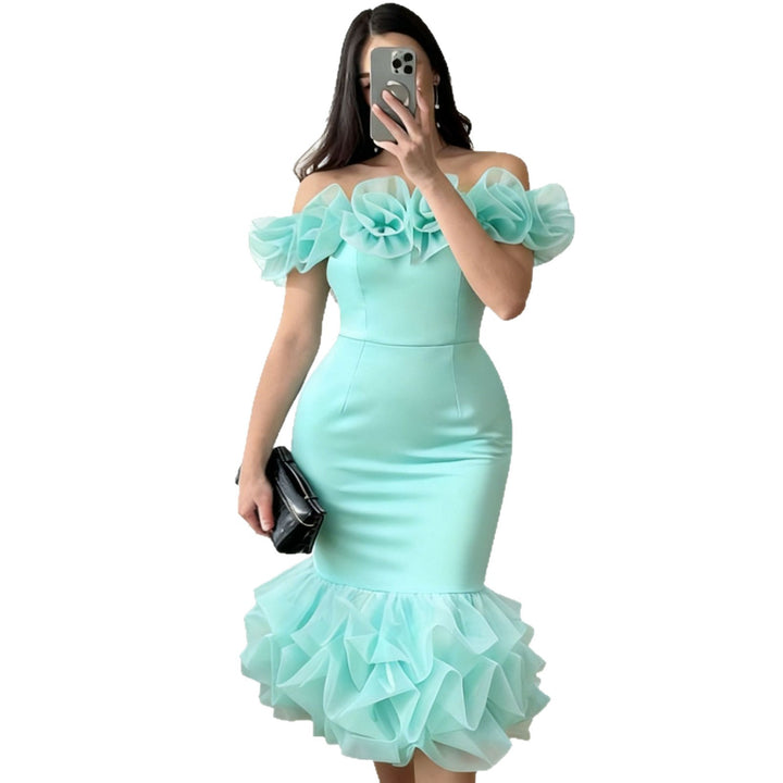 Damen Off-Shoulder Kleid mit voluminösen Rüschen Drune
