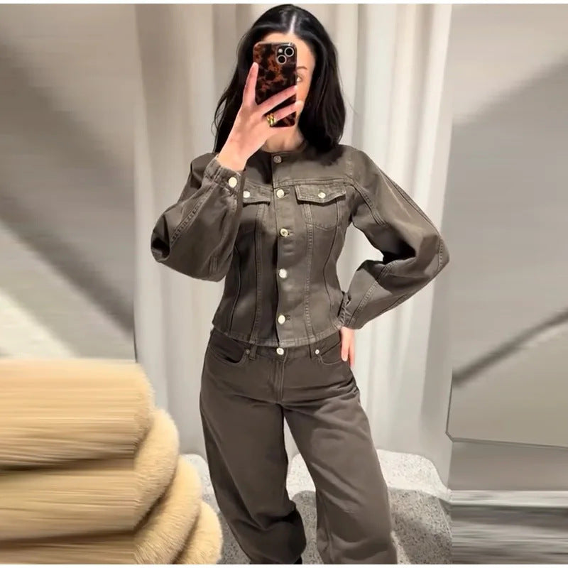 Damen Modische Jeansjacke mit Puffärmeln und dekorativen Knöpfen Drune