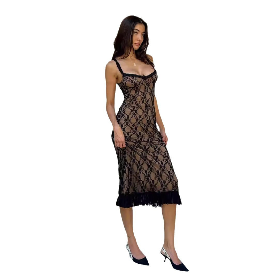 Damen Spitzen-Nachtkleid mit Rüschen und dekorativen Trägern Drune