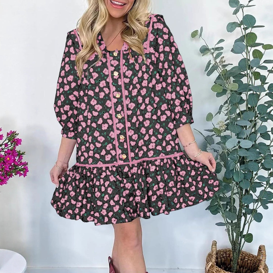 Damen blumiges Kurzarm Kleid mit geräumigen Taschen und romantischem Kragen Drune