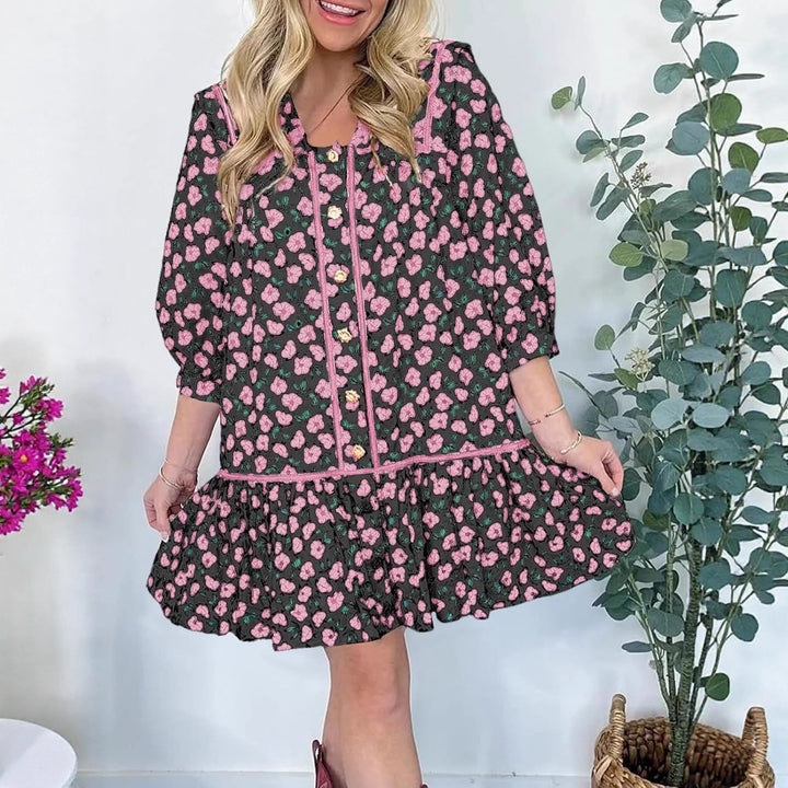 Damen blumiges Kurzarm Kleid mit geräumigen Taschen und romantischem Kragen Drune