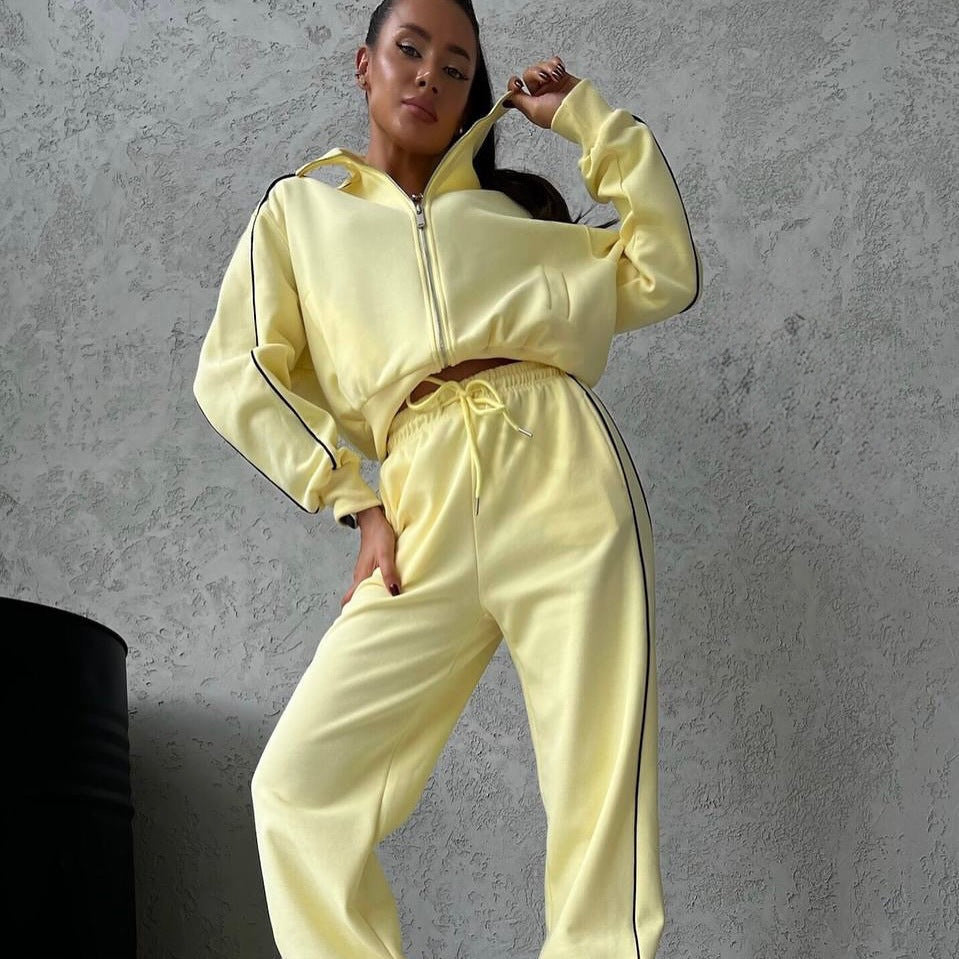 Damen lässiges Sweatset mit Stehkragen Reißverschluss gekürzter Jacke und hochtaillierter Schlaghose Drune