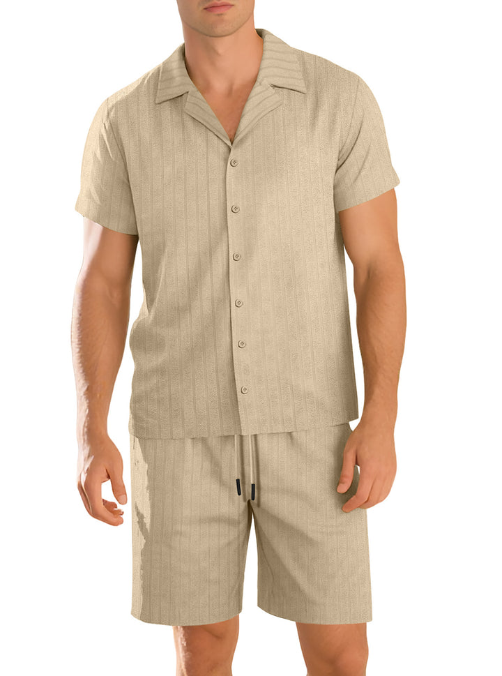 Herren nan Rippenstrick Lounge-Set mit Reverskragen Kurzarmhemd und Komfort-Bermuda Drune