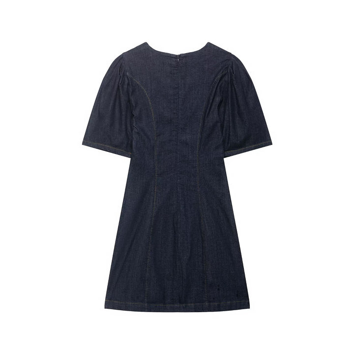 Damen A‑Linien Jeanskleid mit Puffärmeln und figurbetonten Abnähern Drune