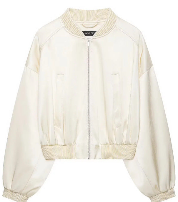 Damen Leichte Cropped Bomberjacke aus Satinoptik mit Rippenbündchen und überschnittener Schulter Drune