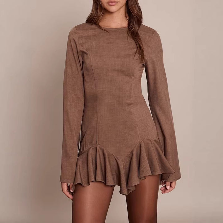Damen Figurbetontes Langarm-Minikleid mit taillierten Nähten und Volant-Saum Drune