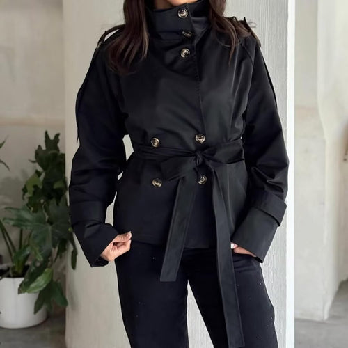 Damen Kurzjacke im Marineinspirierten Doppelreiher mit Stehkragen, Zierknöpfen und Bindegürtel Drune