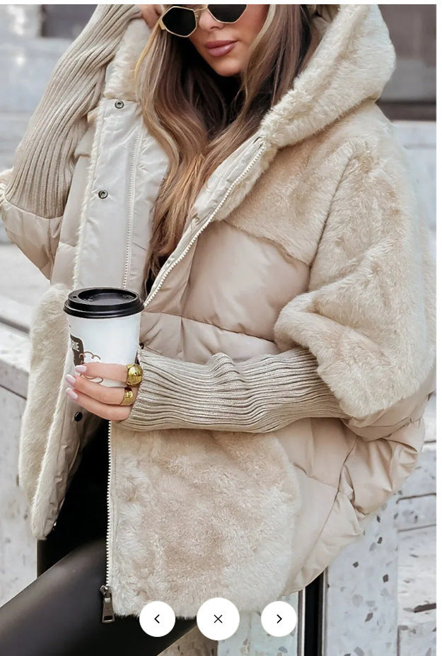 Damen nan oversized gesteppte Winterjacke mit Kunstfellpanelen, Kapuze und integrierten Rippenärmel-Details Drune