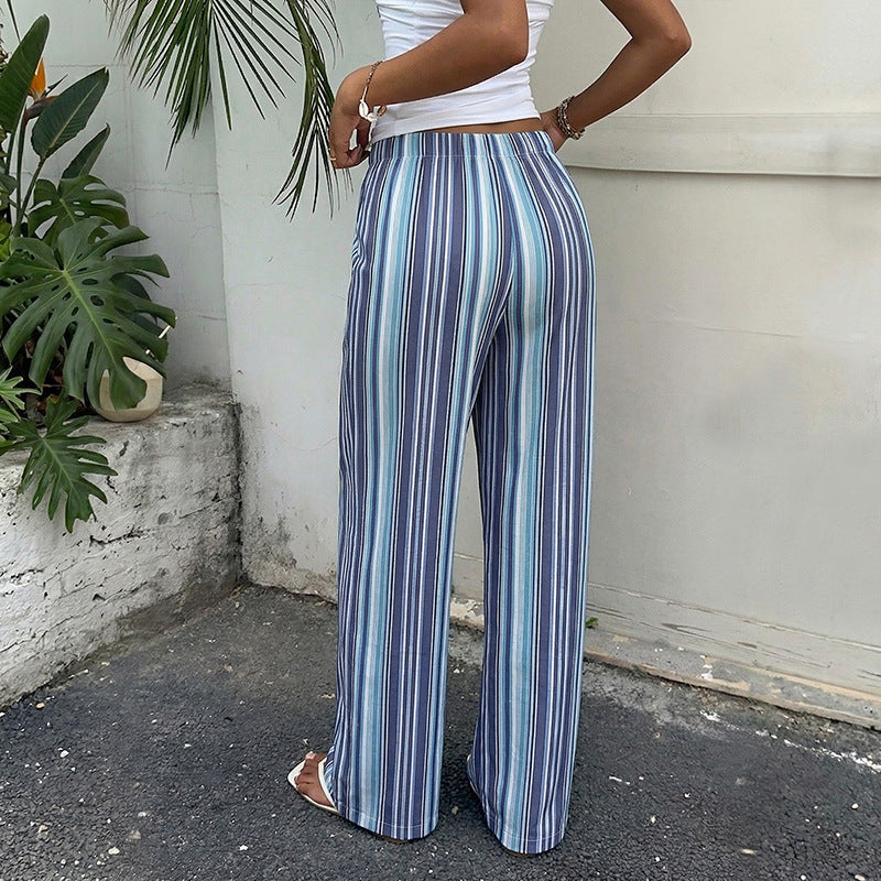 Damen leichte gestreifte Leinen-Blend Loungehose mit weitem Bein und Kordelzug Drune