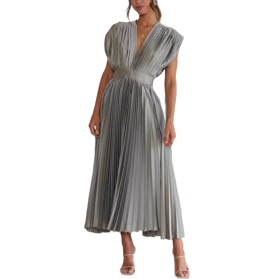 Damen Plissiertes Midikleid mit tiefem V-Ausschnitt und Taillengürtel Drune